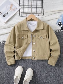 SHEIN 女童牛仔夾克四季休閒復古卡其色做舊色翻領單排扣短版，適合夏季度假、音樂節、秋季校園 - 綠色 - 查看 7