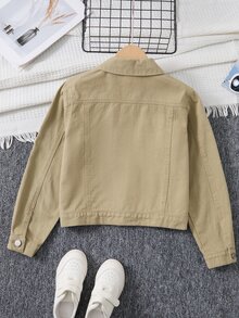 SHEIN 女童牛仔夾克四季休閒復古卡其色做舊色翻領單排扣短版，適合夏季度假、音樂節、秋季校園 - 綠色 - 查看 2