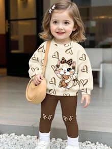 Fall Outfits Baby Girl Cartoon Leopard Print Bow White Cat & Bear Hollow Heart Pattern Round Neck Sweatshirt & Leggings Set Autumn Winter 2026 - Multicolor - View 4
