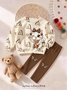 Fall Outfits Baby Girl Cartoon Leopard Print Bow White Cat & Bear Hollow Heart Pattern Round Neck Sweatshirt & Leggings Set Autumn Winter 2026 - Multicolor - View 5