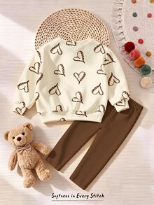 Fall Outfits Baby Girl Cartoon Leopard Print Bow White Cat & Bear Hollow Heart Pattern Round Neck Sweatshirt & Leggings Set Autumn Winter 2026 - Multicolor - View 2