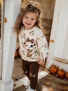 Fall Outfits Baby Girl Cartoon Leopard Print Bow White Cat & Bear Hollow Heart Pattern Round Neck Sweatshirt & Leggings Set Autumn Winter 2026 - Multicolor - View 3