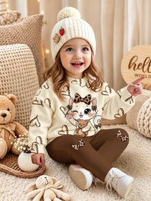 Fall Outfits Baby Girl Cartoon Leopard Print Bow White Cat & Bear Hollow Heart Pattern Round Neck Sweatshirt & Leggings Set Autumn Winter 2026 - Multicolor - View 1