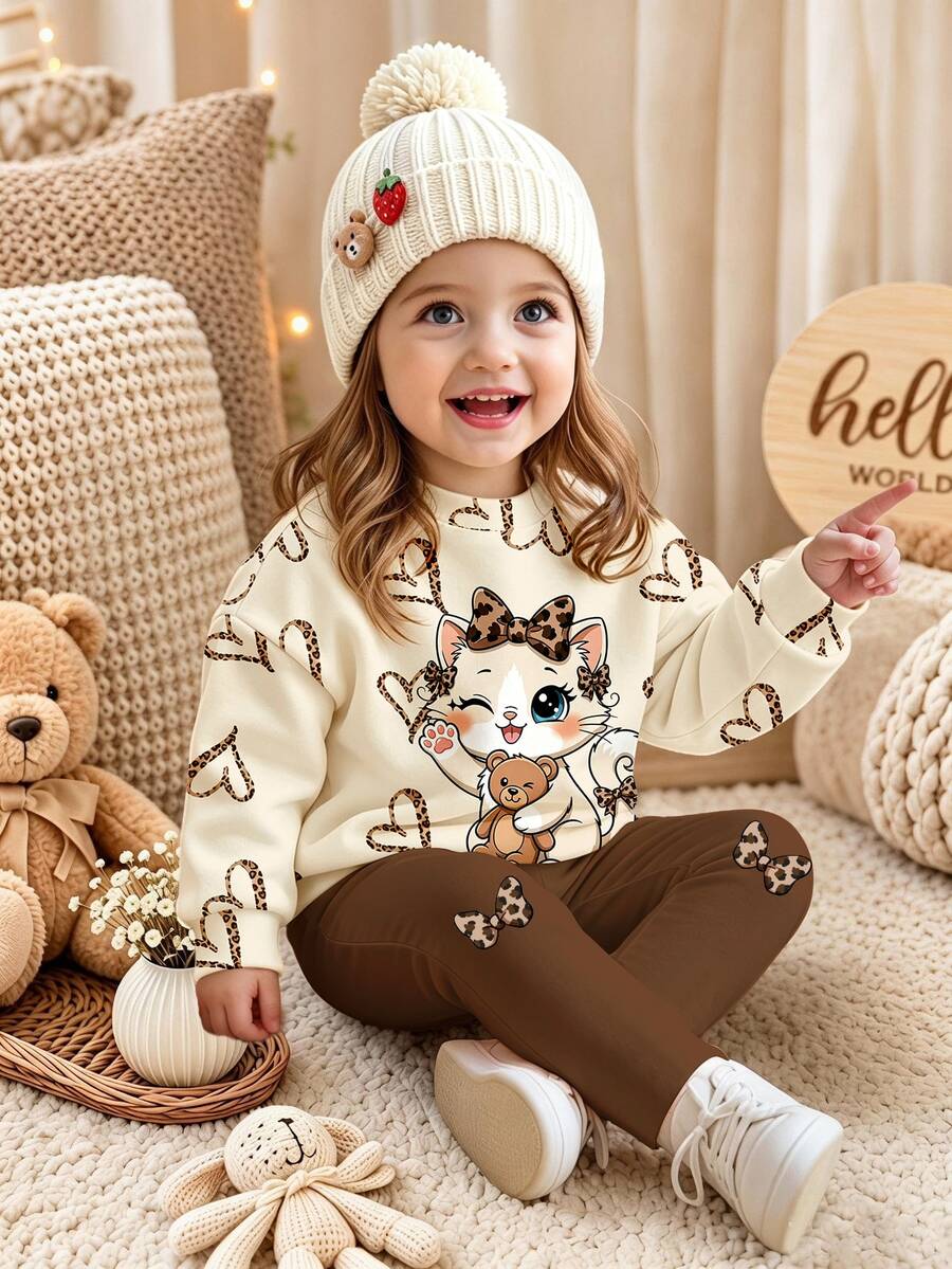 Fall Outfits Baby Girl Cartoon Leopard Print Bow White Cat & Bear Hollow Heart Pattern Round Neck Sweatshirt & Leggings Set Autumn Winter 2026 - Multicolor - View 1