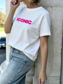 SHEIN LUNE Women Crew Neck Short Sleeve T‑Shirt, ICONIC Letter World City List Back Graphic Print Loose Casual Tee For Daily Streetwear - White - View 2