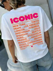 SHEIN LUNE Women Crew Neck Short Sleeve T‑Shirt, ICONIC Letter World City List Back Graphic Print Loose Casual Tee For Daily Streetwear - White - View 10