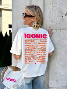 SHEIN LUNE Women Crew Neck Short Sleeve T‑Shirt, ICONIC Letter World City List Back Graphic Print Loose Casual Tee For Daily Streetwear - White - View 1
