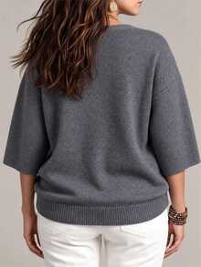Glimmora Plus Size Grey Loose Drop Shoulder 3/4 Sleeve Casual Commute Artistic Style Relaxed Fit Crew Neck Top - Grey - View 2