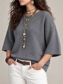 Glimmora Plus Size Grey Loose Drop Shoulder 3/4 Sleeve Casual Commute Artistic Style Relaxed Fit Crew Neck Top - Grey - View 4