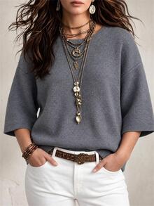 Glimmora Plus Size Grey Loose Drop Shoulder 3/4 Sleeve Casual Commute Artistic Style Relaxed Fit Crew Neck Top - Grey - View 3