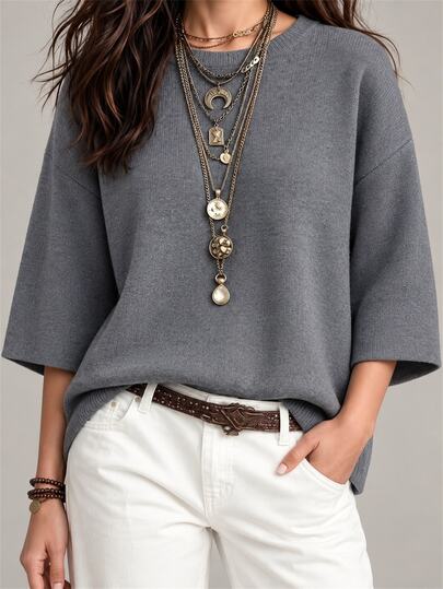 Glimmora Top de talla grande gris holgado con hombros caídos, manga 3/4, estilo casual de oficina, estilo artístico, ajuste relajado, cuello redondo