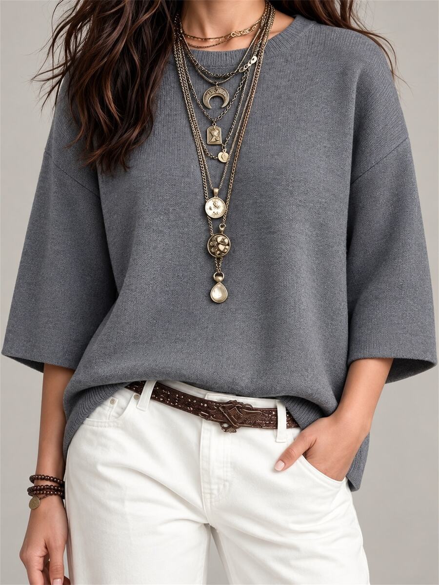 Glimmora Plus Size Grey Loose Drop Shoulder 3/4 Sleeve Casual Commute Artistic Style Relaxed Fit Crew Neck Top - Grey - View 1