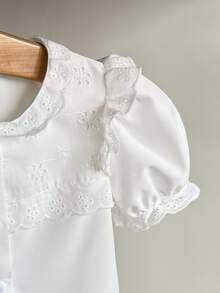 SHEIN Elladie kids Young Girl Casual Ruffled Puff Sleeve Solid Color Shirt, Fashionable Summer, White Top Back To School , Fall Festival - White - View 9
