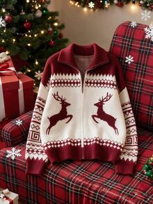 SHEIN Women Fall Winter Christmas Reindeer Pattern Zip Up Hooded Knit Cardigan Vintage Geometric Long Slee - Red and White - View 2