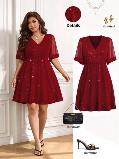 Femmeverse Plus Size Women V-Neck Mesh Ruffle Short Sleeve Shiny Elegant Dress