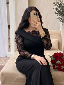 Modelyn فستان دانتيل نصف شفاف بأكمام طويلة للنساء مقاس كبير - الأسود - مشاهدة 5