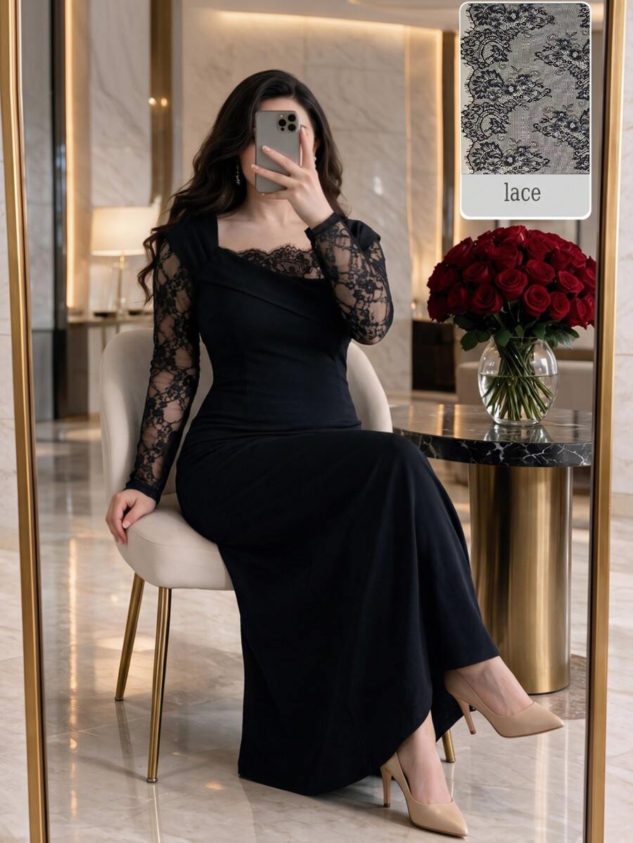 Modelyn فستان دانتيل نصف شفاف بأكمام طويلة للنساء مقاس كبير - الأسود - مشاهدة 1