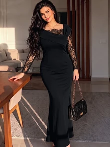 Modelyn فستان دانتيل نصف شفاف بأكمام طويلة للنساء مقاس كبير - الأسود - مشاهدة 4
