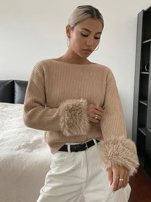 SHEIN LUNE Autumn/Winter Casual Elegant Beige Fuzzy Cuff Sweater Everyday Going Out - Khaki - View 4