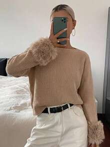 SHEIN LUNE Autumn/Winter Casual Elegant Beige Fuzzy Cuff Sweater Everyday Going Out - Khaki - View 3