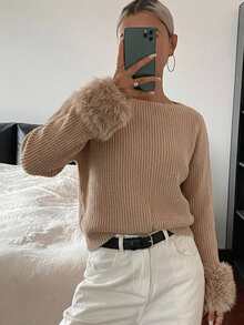 SHEIN LUNE Autumn/Winter Casual Elegant Beige Fuzzy Cuff Sweater Everyday Going Out - Khaki - View 5