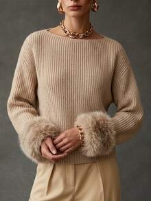 SHEIN LUNE Autumn/Winter Casual Elegant Beige Fuzzy Cuff Sweater Everyday Going Out - Khaki - View 6