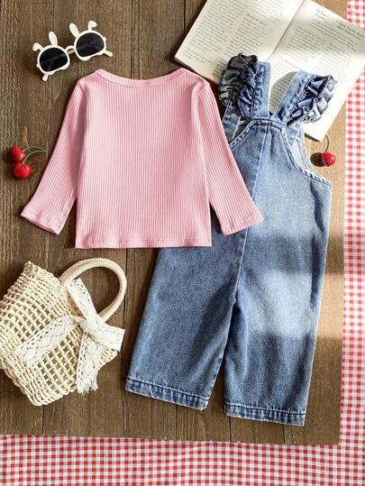 SHEIN Vintaside Kids Adorable Baby Girls Sleeveless Denim Long Jumpsuit In Pink With Heart Pattern And Matching Top Photoshoot Blue Summer Family Matching Cute Autumn Fall