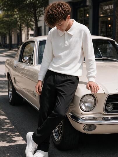 2pcs/Set Teen Boy Gentle Outfit, White Knit Polo Shirt Collar Long Sleeve Top Black Long Pants, Elegant Cute Baggy Suit Set, Summer, Sixth Form