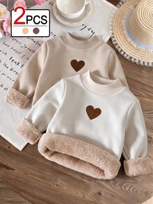SHEIN 幼女 2件組秋季上衣冬季毛衣套裝，幼女可愛愛心假領抓絨保暖底層內搭衫衣物套裝 - 彩色 - 查看 1