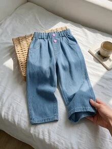 SHEIN Baby Girl Casual Ruched Waist Tapered Jeans Autumn Winter - Blue - View 1
