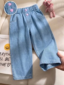 SHEIN Baby Girl Casual Ruched Waist Tapered Jeans Autumn Winter - Blue - View 3