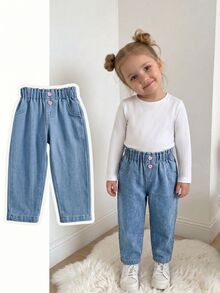 SHEIN Baby Girl Casual Ruched Waist Tapered Jeans Autumn Winter - Blue - View 7