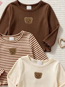 Young Girls Korean Ruffle Ribbed T-Shirts, Cute Tops, Autumn, New Fall Styles, Fall Style, School 3pcs/Set Little Bear Handmake - Multicolor - View 4