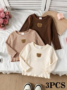 Young Girls Korean Ruffle Ribbed T-Shirts, Cute Tops, Autumn, New Fall Styles, Fall Style, School 3pcs/Set Little Bear Handmake - Multicolor - View 1