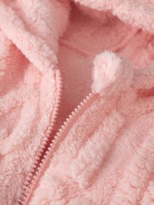SHEIN 女童毛絨毛茸連帽夾克附包包，心形壓紋拉鍊式嬰兒白色抓絨外套，幼兒冬季保暖可愛休閒外穿秋季款 - 粉色 - 查看 7