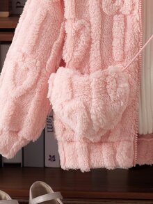 SHEIN 女童毛絨毛茸連帽夾克附包包，心形壓紋拉鍊式嬰兒白色抓絨外套，幼兒冬季保暖可愛休閒外穿秋季款 - 粉色 - 查看 10