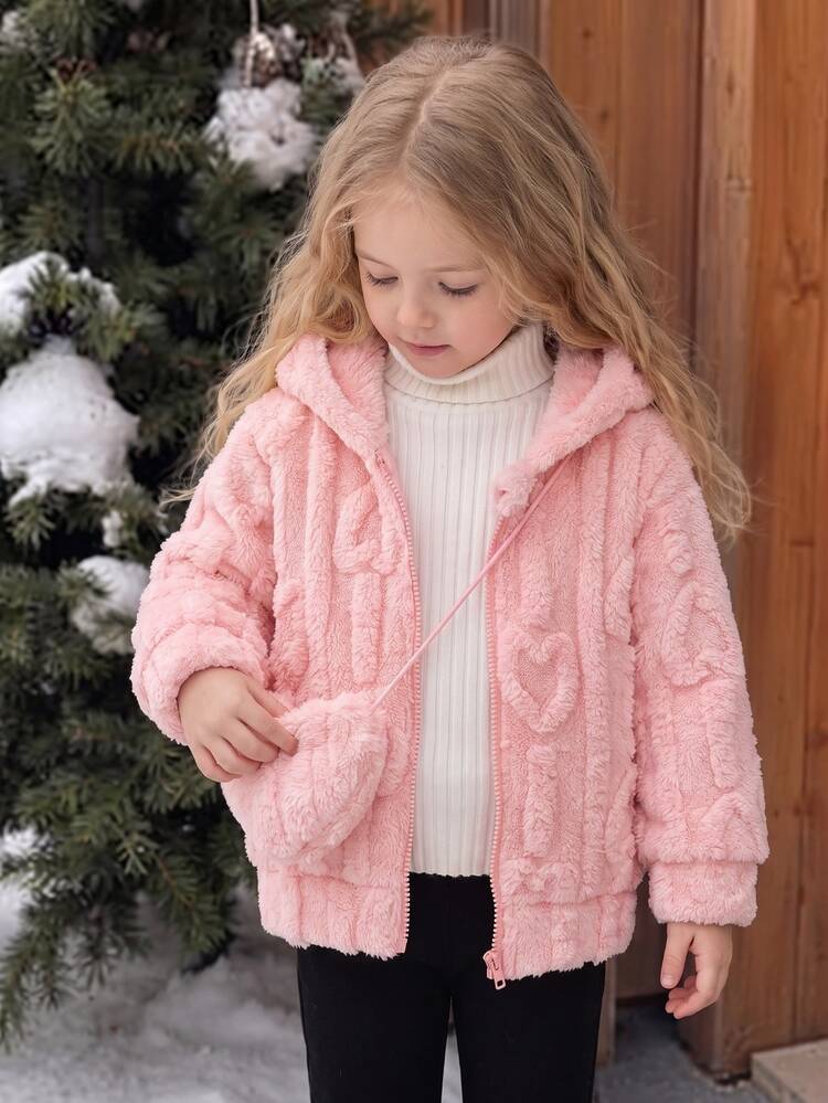 SHEIN Playful Pals Young Girl Plush Fuzzy Hooded Jacket With Bag Heart Pattern Embossed Zip Up Baby White Fleece Coat Toddler Winter Warm Cute Casual Outwear Fall Style - Pink - View 1