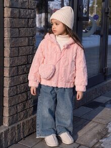 SHEIN 女童毛絨毛茸連帽夾克附包包，心形壓紋拉鍊式嬰兒白色抓絨外套，幼兒冬季保暖可愛休閒外穿秋季款 - 粉色 - 查看 3