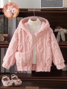 SHEIN 女童毛絨毛茸連帽夾克附包包，心形壓紋拉鍊式嬰兒白色抓絨外套，幼兒冬季保暖可愛休閒外穿秋季款 - 粉色 - 查看 9