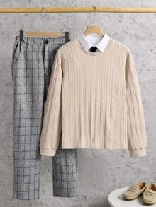 Setelan Baju Remaja Laki-Laki Lengan Panjang, Musim Panas, Halloween, Natal, Sweater Atasan Bertekstur Pesta Malam Sekolah Menengah Atas Putih Hitam Lucu - Coklat - View 9