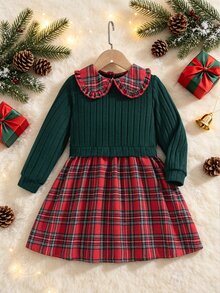 SHEIN Vintaside Kids 1 buah Gaun Anak Perempuan Model A-Line Manis Elegan Hijau Merah Kotak-kotak Patchwork Ruffle Ribbed Lengan Panjang Kerah Peter Pan Pesta Liburan Musim Gugur Natal Unicorn - Merah - View 6