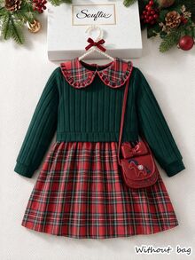 SHEIN Vintaside Kids 1 buah Gaun Anak Perempuan Model A-Line Manis Elegan Hijau Merah Kotak-kotak Patchwork Ruffle Ribbed Lengan Panjang Kerah Peter Pan Pesta Liburan Musim Gugur Natal Unicorn - Merah - View 1