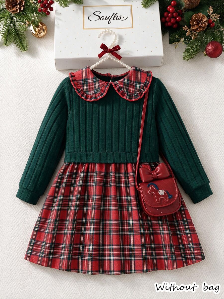 SHEIN Vintaside Kids 1 buah Gaun Anak Perempuan Model A-Line Manis Elegan Hijau Merah Kotak-kotak Patchwork Ruffle Ribbed Lengan Panjang Kerah Peter Pan Pesta Liburan Musim Gugur Natal Unicorn - Merah - View 1