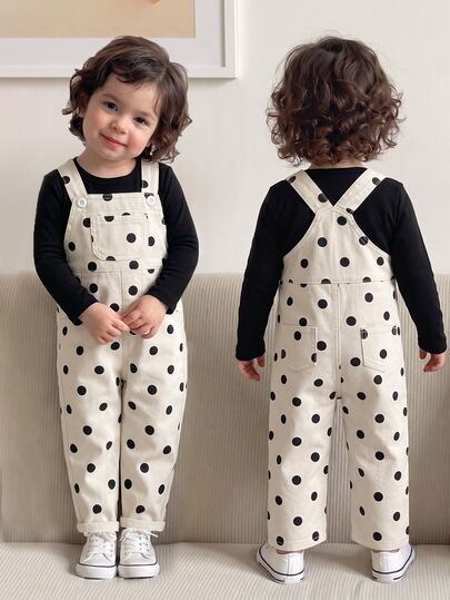 SHEIN Baby Girl Beige & Black Polka Dot Denim Overalls, Adjustable Button Shoulder Straps, Loose Casual Washed Denim Long Pants, Cute Beige Loose Comfortable Pure Cotton Denim, Spring/Autumn Versatile Stylish Baby Overalls