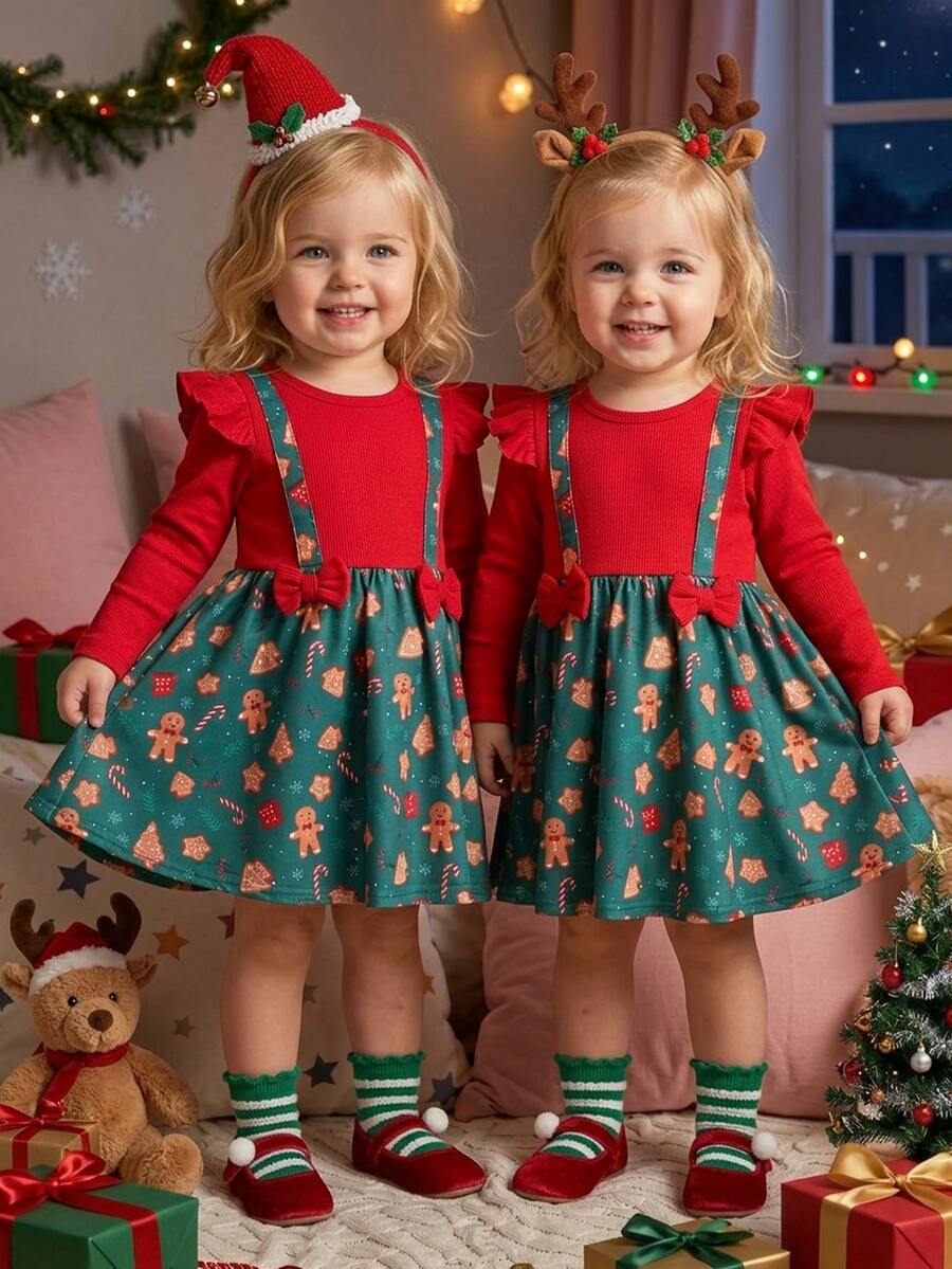 LMoss Kids Gaun Kasual Rajut Warna Polos untuk Bayi Perempuan, Leher Bulat, Hiasan Ruffle, dan Hem Tenun, Cocok untuk Natal, Model Musim Gugur Terbaru - MultiWarna - View 1