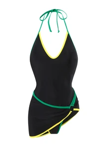 SHEIN Swim Women's Elegant Solid Color Spaghetti Strap Colorful Trim Skirt 2-Piece Set, Spring/Summer - Black - View 5