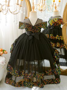 Glamorique Kids 女童黑色亮片露肩多層薄紗泡泡袖禮服裙，優雅生日派對度假晚禮服，附拖尾蝴蝶結花童閃亮公主裙 - 黑色 - 查看 6