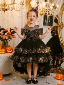 Glamorique Kids 女童黑色亮片露肩多層薄紗泡泡袖禮服裙，優雅生日派對度假晚禮服，附拖尾蝴蝶結花童閃亮公主裙 - 黑色 - 查看 4