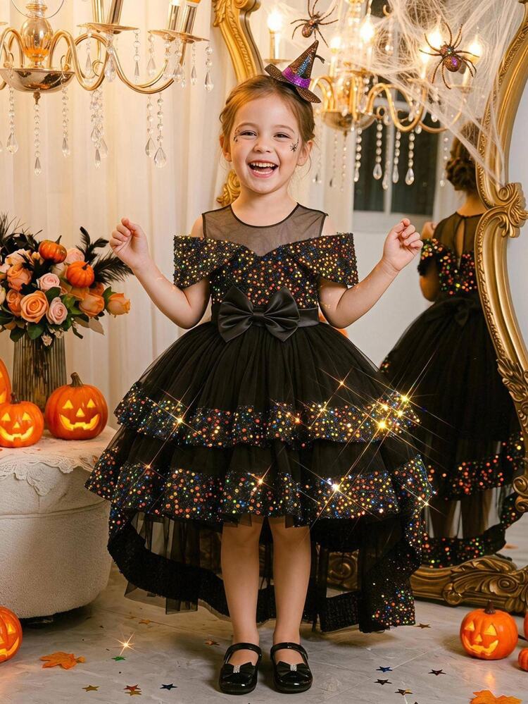 Glamorique Kids Girls Black Sequin Cold Shoulder Cold Shoulder Multi-Layer Tulle Puff Dress Elegant Birthday Party Holiday Evening Gown With Train Bowknot Flower Girl - Black - View 3