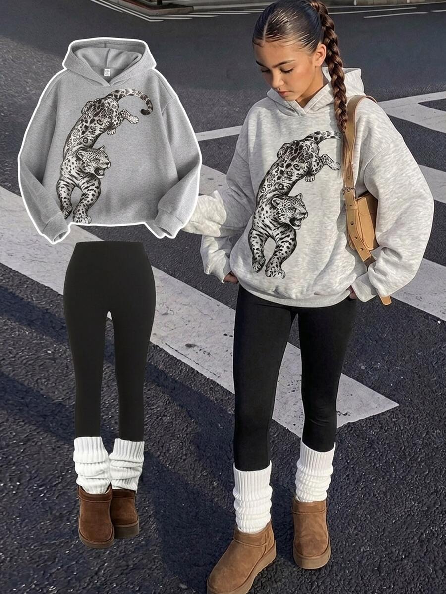 SHEIN 青少年女孩寬鬆版豹紋秋季衛衣運動褲套裝,內層保暖,2件套 - 淺灰色 - 查看 1